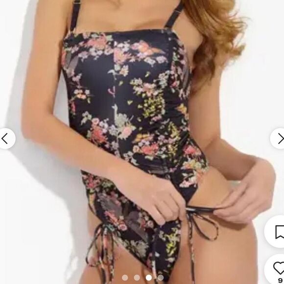 NEW HAH black floral ruched lace up reversible one piece swimsuit size Medium - Picture 2 of 8